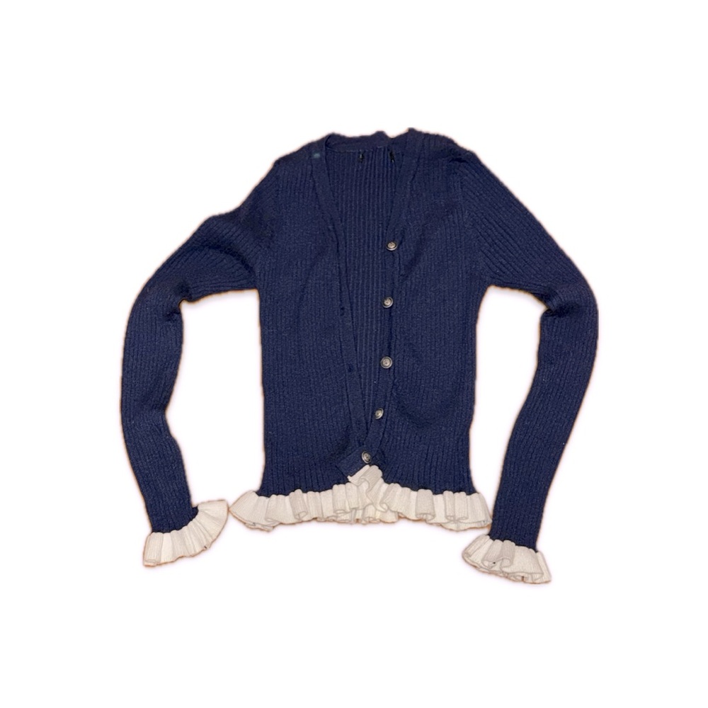 Tight fitting Navy Ruffle Trim Ribbed Cardigan Sweater Small